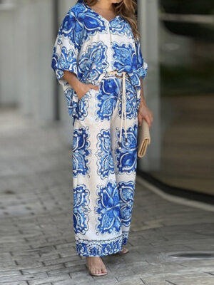 Conjunto Suelto de Top y Pantalones con Cordones para Mujer – Estampado Azul