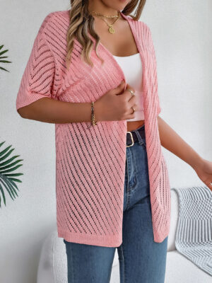 Women S Vertical Stripe Hollow Out Short Sleeve Knit Cardigan Cover-Up