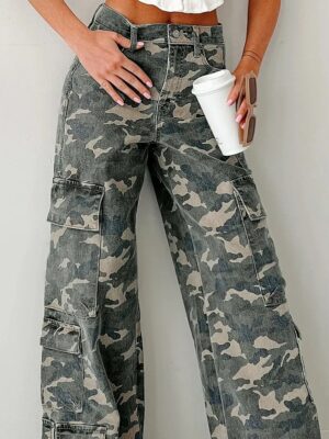 Pantalón Cargo de Mezclilla Camuflado Verde de Pierna Ancha para Mujer