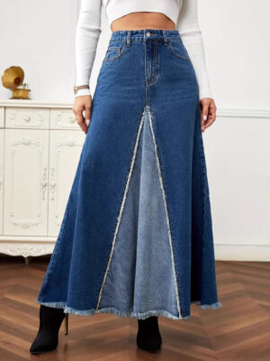Womens Patchwork Denim Raw-Hem Skirt