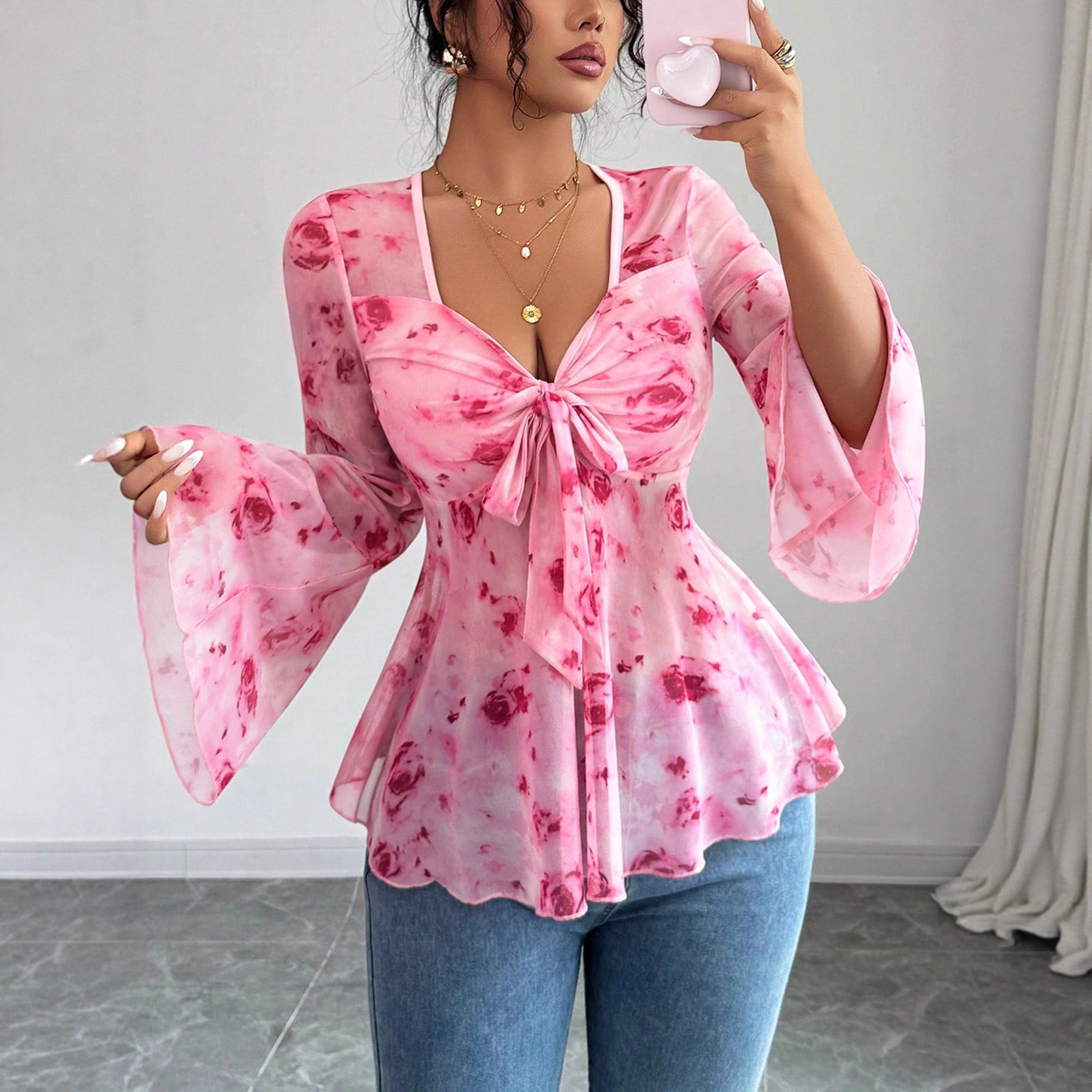 Blusa de Malla con Estampado de Rosas para Mujer – Image 4