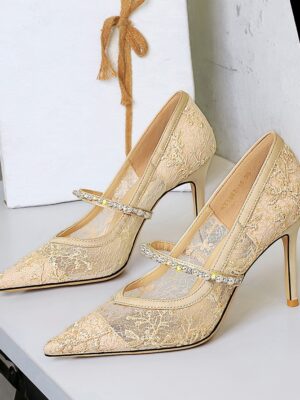 Zapatos de Tacón Ultra Alto con Malla, Pedrería y Perlas para Mujer
