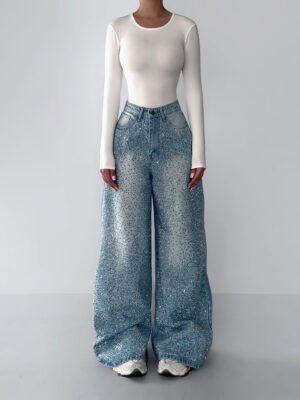 Jeans Irregulares con Rhinestones para Mujer – Estilo Vintage