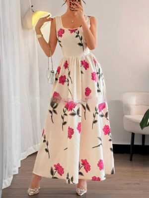 Women's Floral Print Square-Neck Sleeveless Elegant Dress
