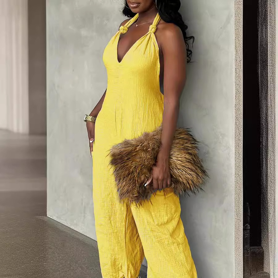 Long Skirt Linen Solid Color Jumpsuit With Belt – Image 3