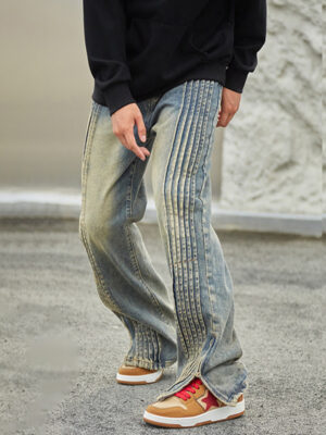 Jeans Retro High Street para Hombre – Diseño con Pliegues Laterales y Abertura con Cremallera