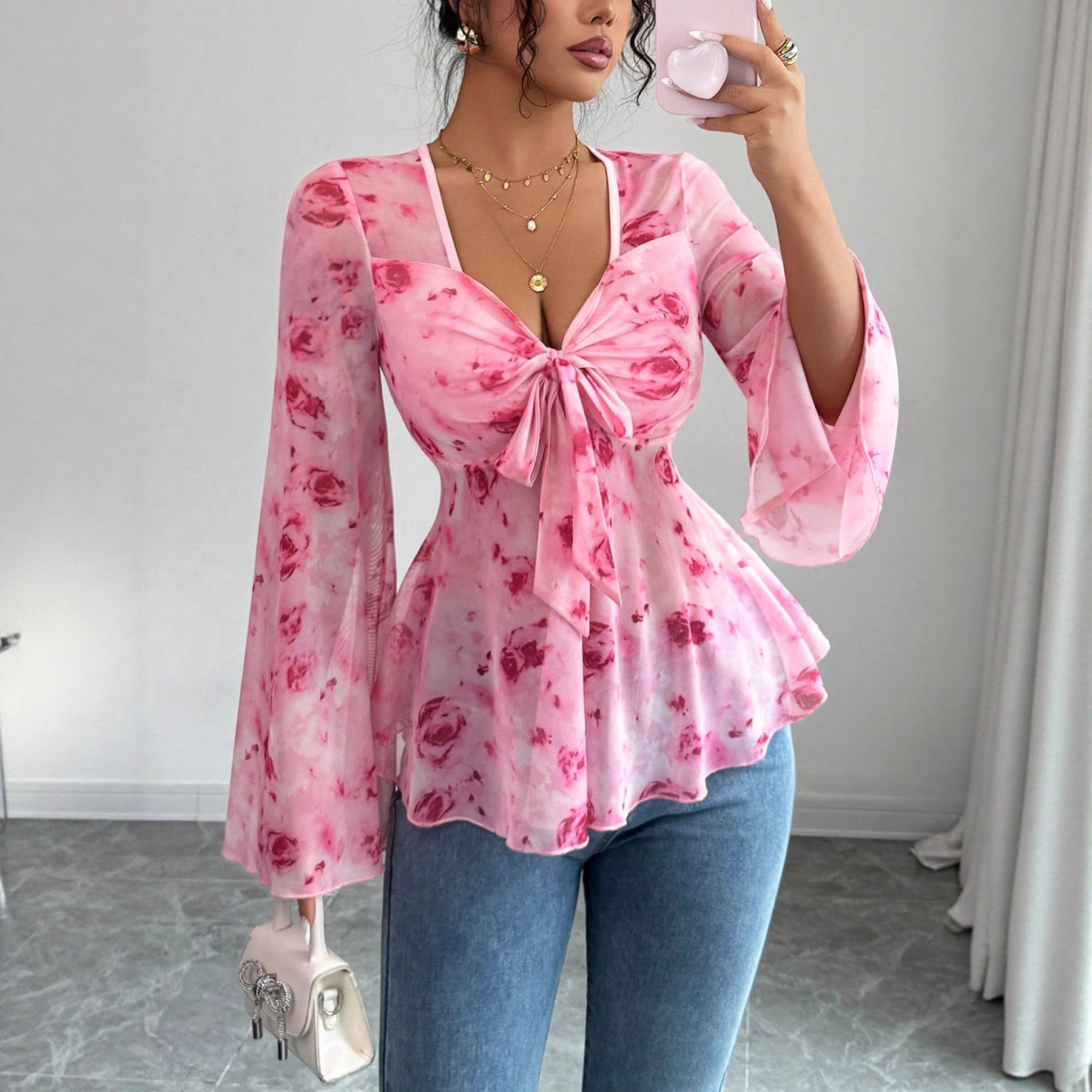 Blusa de Malla con Estampado de Rosas para Mujer