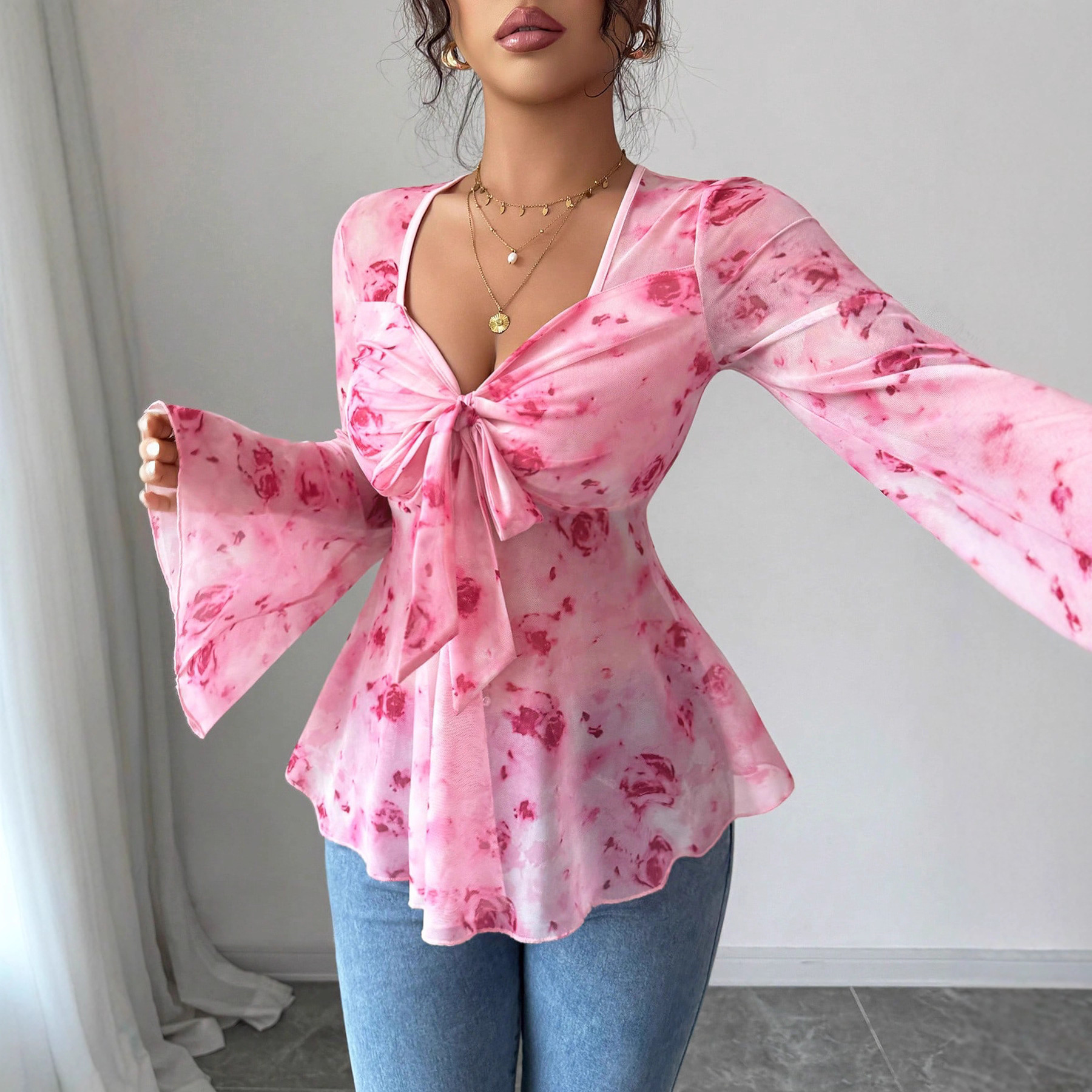 Blusa de Malla con Estampado de Rosas para Mujer – Image 2