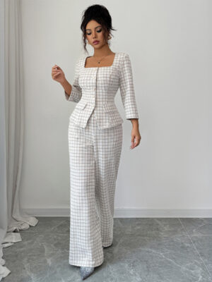 Conjunto Elegante de Dos Piezas para Mujer con Camisa de Manga Larga y Pantalón Pata de Gallo